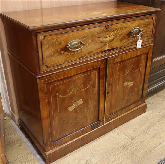 A George III mahogany and later marquetry secretaire cabinet W.119cm